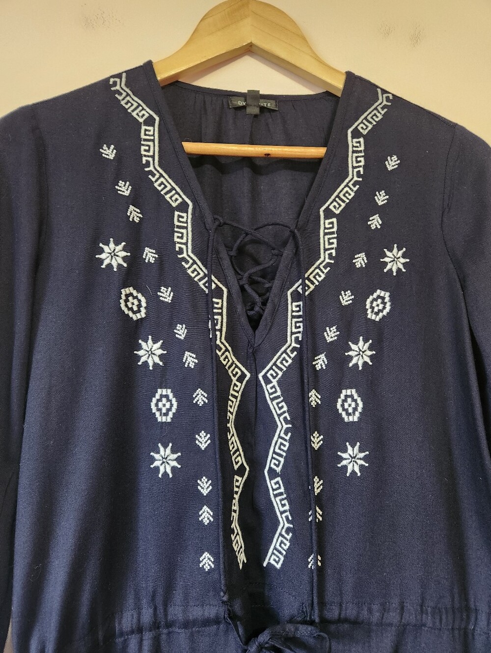 Dynamite Navy Embroidered Boho Tunic Blouse Aztec Print Size S EUC - Picture 2 of 6